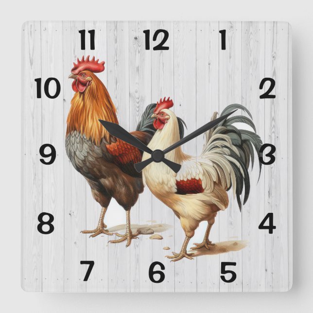 Horloge Carrée Coqs sur fond de bois blanc (Recto)