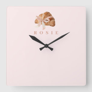 Horloge Carrée Coquette personnalisée Croissant rose Ribbon