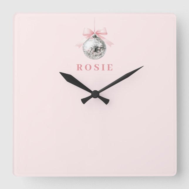 Horloge Carrée Coquette personnalisée Disco Ball rose ruban (Recto)