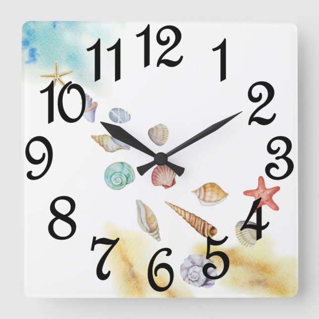 Horloge Carrée Coquillages au rivage (Recto)