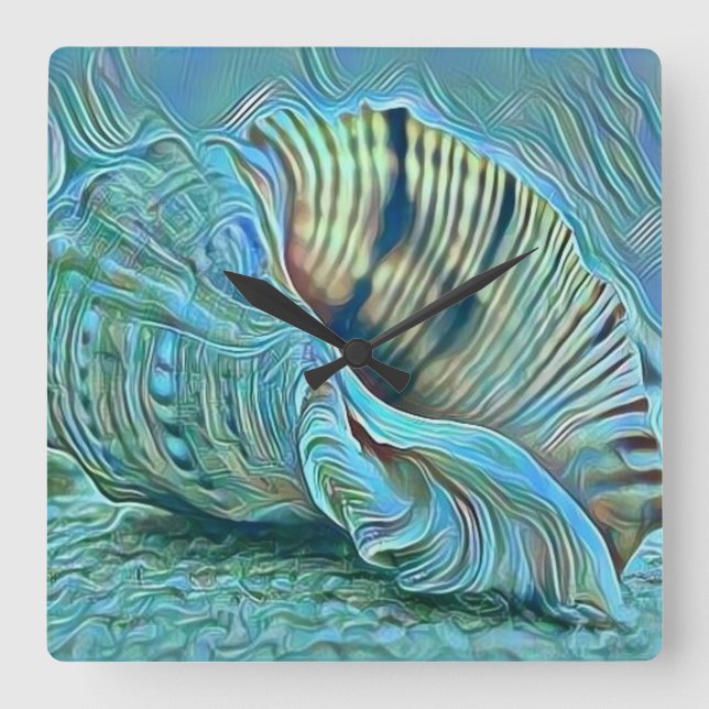 Horloge Carrée Coquillages bleu vert sur le tableau de la plage (Recto)