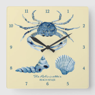 Horloge Carrée Coquillages de crabe jaune Maison de plage marine