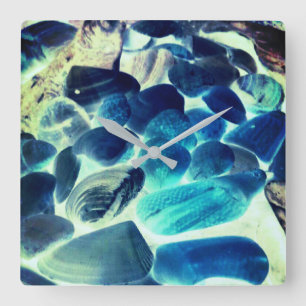 Horloge Carrée Coquille d'huîtres de mer, couleurs changées bleu 