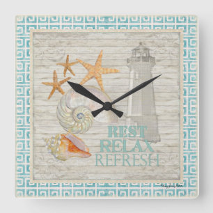 Horloge Carrée Coquilles de phare d'aquarelle - décor de cottage