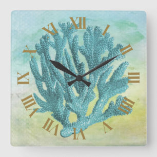 Horloge Carrée Corail Bleu Côtiers Beau et Élégant