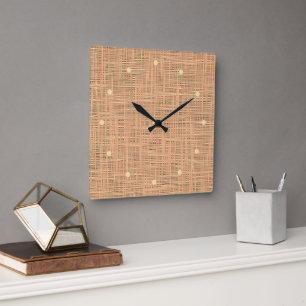 Horloge Carrée Corail clair Orange Couleur Faux Jute Motif