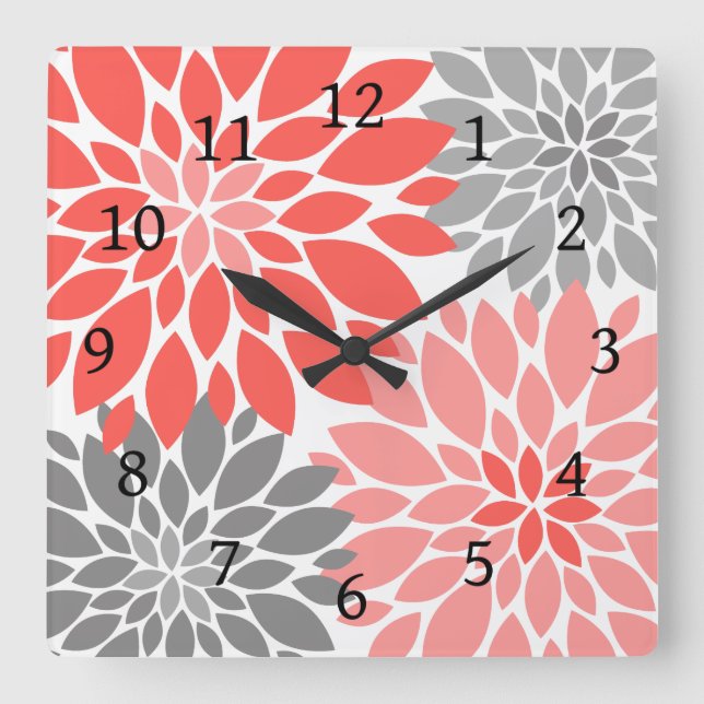 Horloge Carrée Corail et chrysanthèmes gris Motif floral (Recto)