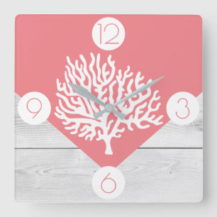 Horloge Carrée Corail tendance rose et blanc Bois Imprimer Corail
