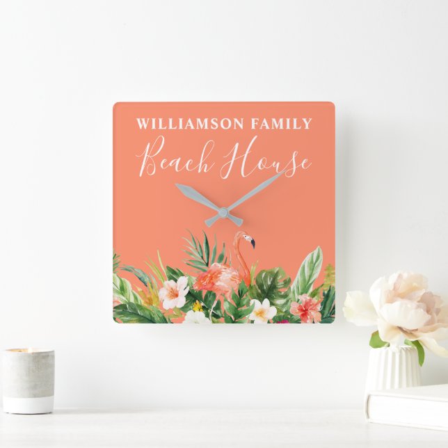 Horloge Carrée Coral Aquarelle Tropical Floral Beach House (Maison)