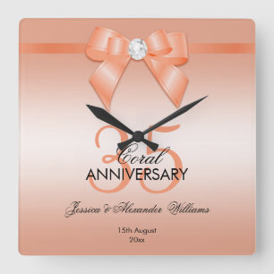 Horloge Carrée Coral Bow & Ribbon 35e anniversaire de Mariage