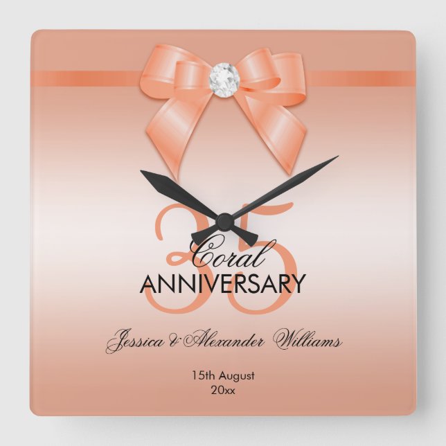 Horloge Carrée Coral Bow & Ribbon 35e anniversaire de Mariage (Recto)