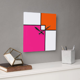 Horloge Carrée Coral rose Orange blanc Carrés