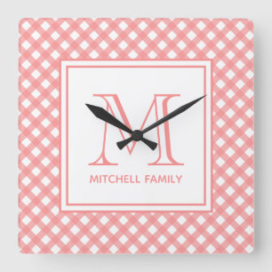 Horloge Carrée Coral rose Pays Style En vichy Motif Monogramme