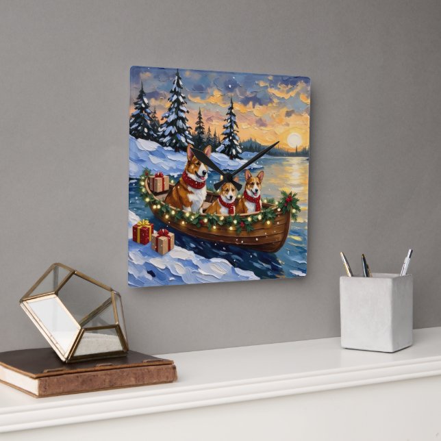 Horloge Carrée Corgi Christmas Boat Holiday (Bureau)