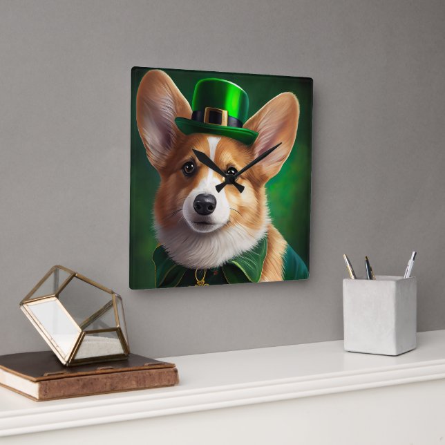Horloge Carrée Corgi Dog en robe de fête St. Patrick (Bureau)