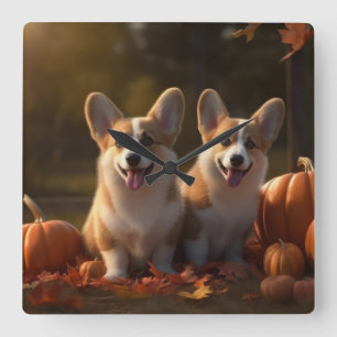 Horloge Carrée Corgi  Jeune chiot Délice d'automne Citrouille