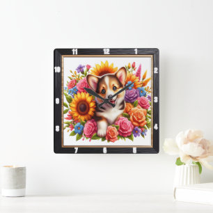 Horloge Carrée Corgi Puppy Floral Garden