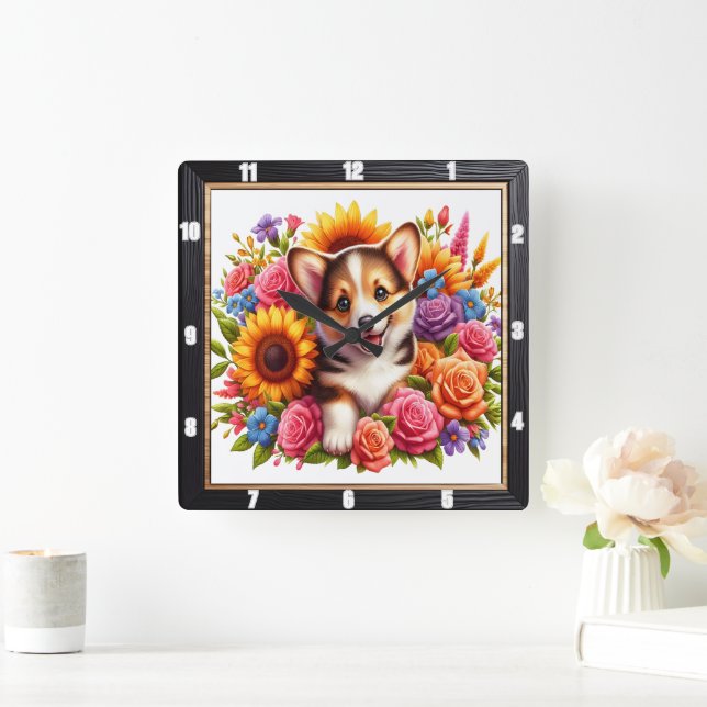 Horloge Carrée Corgi Puppy Floral Garden (Maison)
