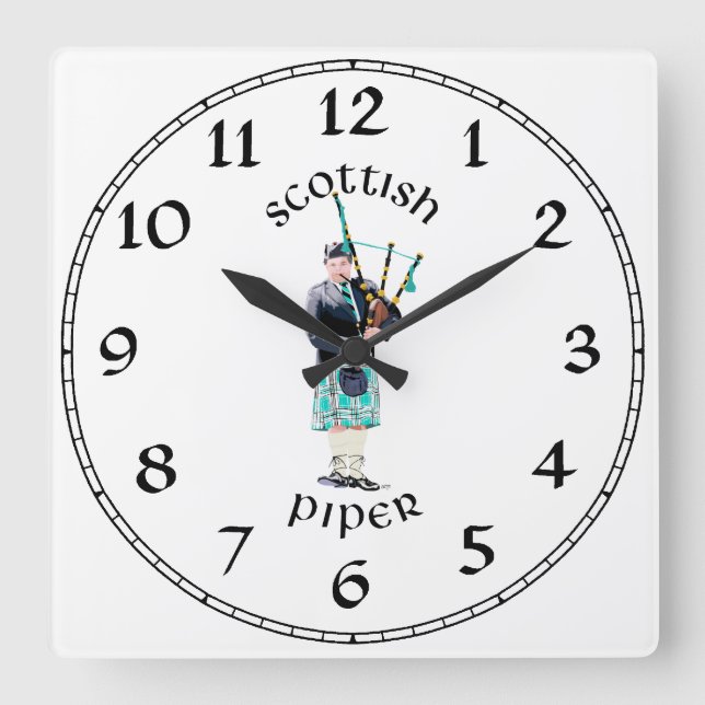 Horloge Carrée Cornemuseuse écossaise - Carreaux Turquoise (Recto)