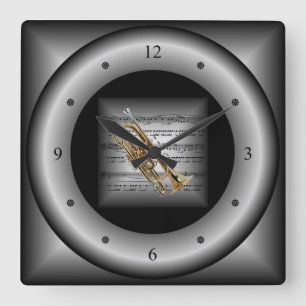 Horloge Carrée Cornet ~ Partition 3D ~ Argent Coussin/Noir noir B