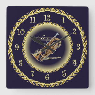 Horloge Carrée Cornet ~ Scroll musical ~ Gold/Navy Blue ~ Carré