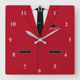 Horloge Carrée Costume rouge et cravate noire - Ajouter votre nom