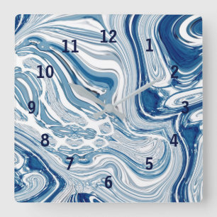Horloge Carrée côte plage nautique vagues aquarelle bleu tourbill
