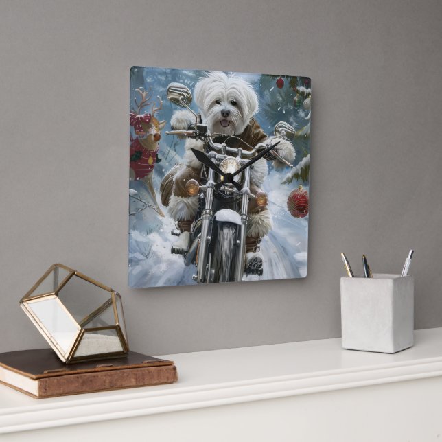 Horloge Carrée Coton De Tulear Chien équitation Moto Noël (Bureau)