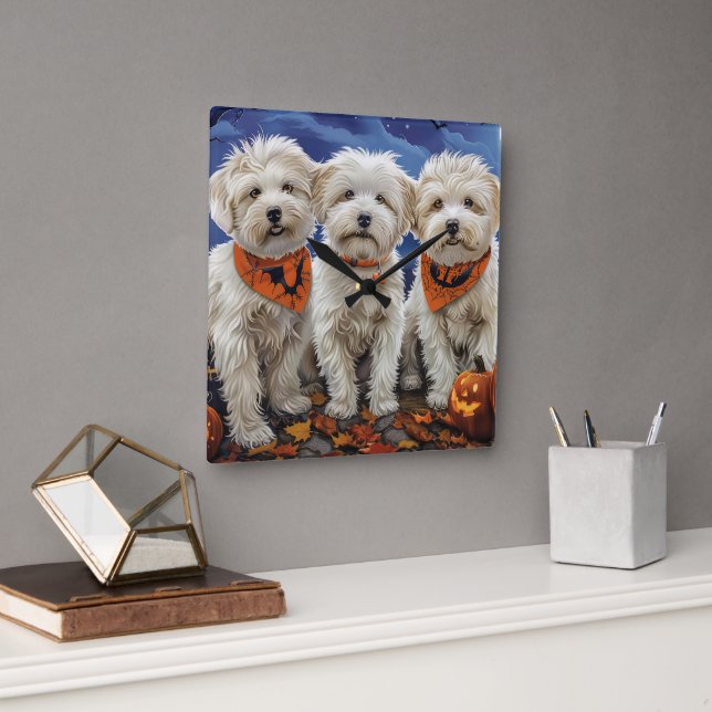 Horloge Carrée Coton De Tulear Halloween Éffrayant (Bureau)