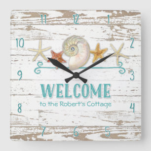 Horloge Carrée Cottage Style Welcome Wooden Beach Shells