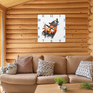 Horloge Carrée Coucher de soleil à double exposition du loup hurl