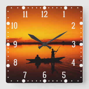 Horloge Carrée Coucher de soleil, bateau d'aviron Silhouette-1649