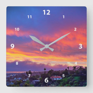 Horloge Carrée Coucher de soleil bleu nuages modernes photo belle