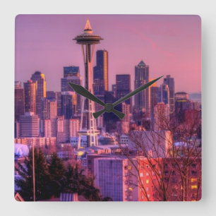 Horloge Carrée Coucher de soleil derrière Seattle depuis Kerry Pa