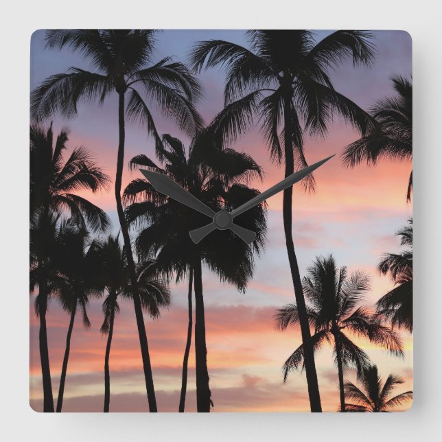 Horloge Carrée Coucher de soleil des palmiers tropicaux (Recto)
