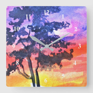 Horloge Carrée Coucher de soleil Dream paysage aquarelle art