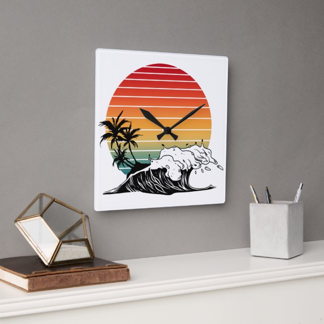 Horloge Carrée Coucher de soleil et vague (Bureau)