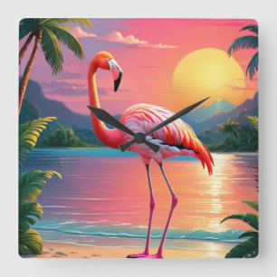 Horloge Carrée Coucher de soleil flamant rose sur la plage tropic