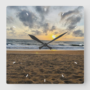Horloge Carrée Coucher de soleil sur la plage Décor côtier océani