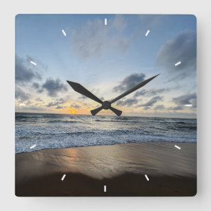 Horloge Carrée Coucher de soleil sur la plage Décor côtier océani