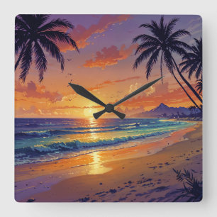 Horloge Carrée Coucher de soleil sur une plage tropicale - Illust