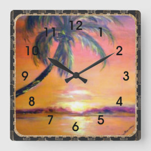 Horloge Carrée Coucher de soleil tropical, peinture d'art