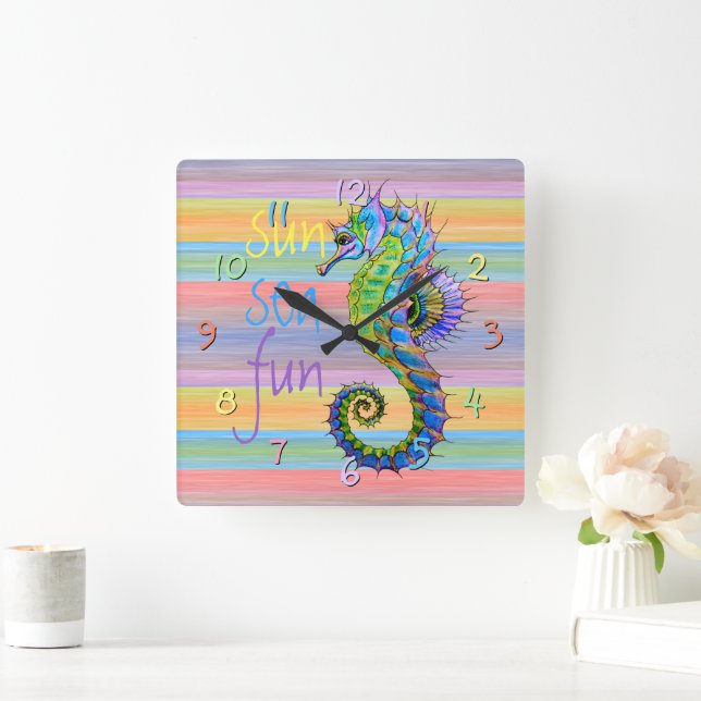 Horloge Carrée Couleur Coucher De Soleil Bleu Artsy Seahorse (Maison)