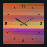 Horloge Carrée Couleur D'Aquarelle Salée Du lever De Soleil Gliss<br><div class="desc">Horloge murale carré, décoration murale et décoration d'intérieur accessoire imprimé avec l'Aquarelle Salée de soleil brillant Pop de couleur Art dessin abstrait de l'oeuvre d'art design par The Fabric Seal imprimer sur demande magasin à Zazzle #ZazzleMade https://www.zazzle.com/store/thefabricseal 🎨 L'Aquarelle américaine élégante rencontre Boho Chic art contemporain art avec un soleil...</div>
