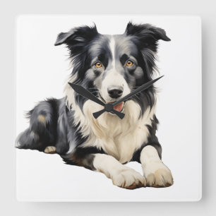HORLOGE CARRÉE COULEUR D'EAU CHIEN NOIR ET BLANC FRONTIÈRE COLLIE
