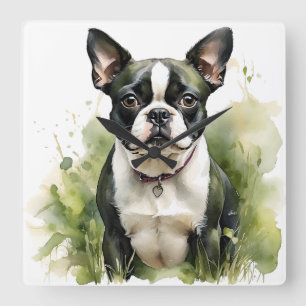 HORLOGE CARRÉE COULEUR D'EAU NOIRE ET BLANCHE BOSTON TERRIER CHIE