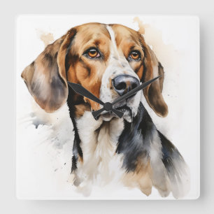 HORLOGE CARRÉE COULEUR D'EAU TRI COLORÉ CHIEN FOXHOUND