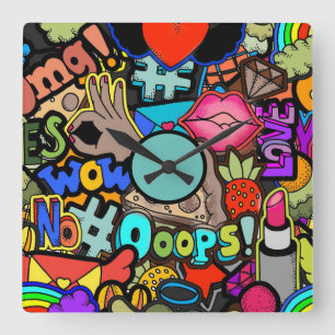 Horloge Carrée Couleur Vibrant Pop-Art Chambre Amusante Mur Horlo