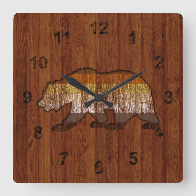 Horloge Carrée Couleurs de fierté d'ours en bois rustique de camp (Recto)