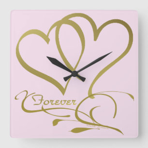 Horloge Carrée Couleurs de fond modifiables Forever Hearts Gold